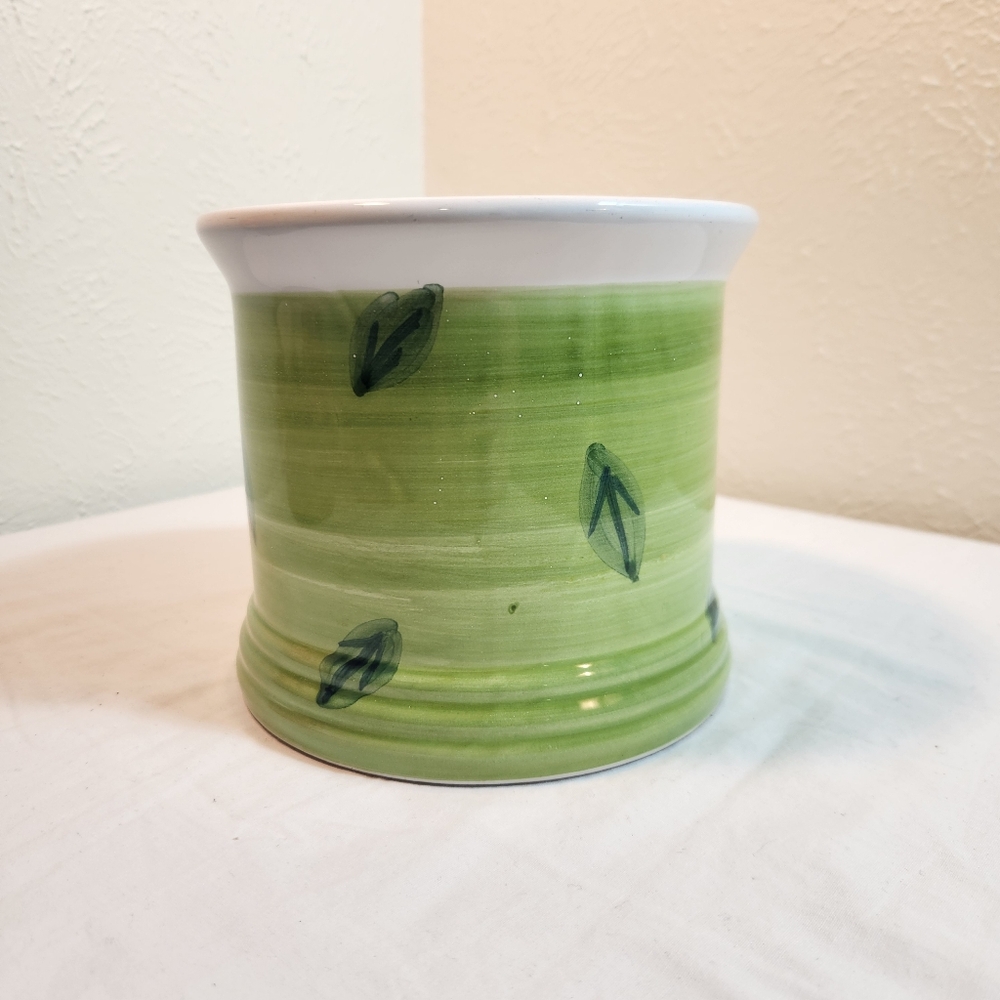 Caleca Italy Hand Painted Ceramic Utensil Holder Leaf Pattern